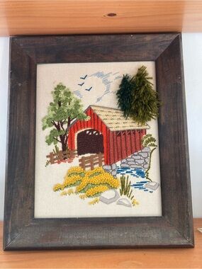 Framed Vintage Crewel Needlework Covered Bridge Rustic Fall Barn Scene Picture